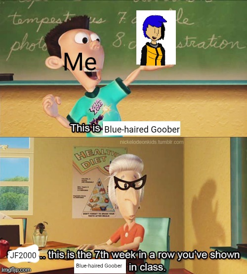 Sheen's show and tell | Me; Blue-haired Goober; JF2000; Blue-haired Goober | image tagged in sheen's show and tell | made w/ Imgflip meme maker