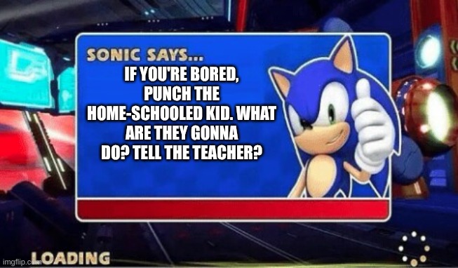 Sonic Says | IF YOU'RE BORED, PUNCH THE HOME-SCHOOLED KID. WHAT ARE THEY GONNA DO? TELL THE TEACHER? | image tagged in sonic says | made w/ Imgflip meme maker