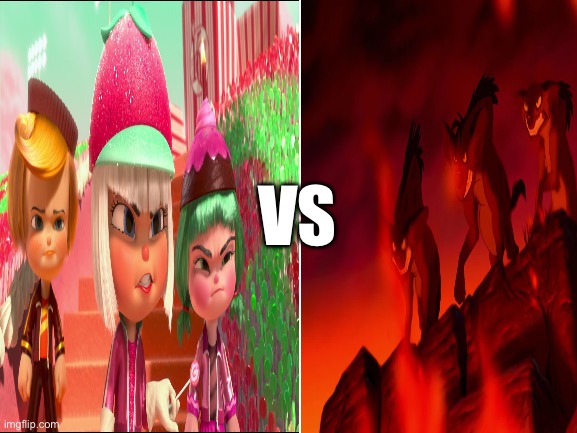 Taffyta Muttonfudge, Candlehead, and Rancis Fluggerbutter vs. Shenzi, Banzai, and Ed | VS | image tagged in angry,death battle,matchup,wreck it ralph,the lion king,cartoon | made w/ Imgflip meme maker