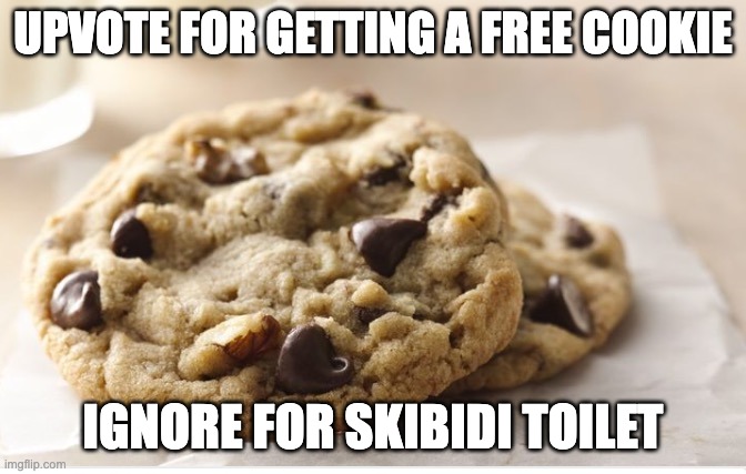 Chocolate chip cookie | UPVOTE FOR GETTING A FREE COOKIE; IGNORE FOR SKIBIDI TOILET | image tagged in chocolate chip cookie | made w/ Imgflip meme maker