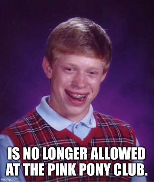 Not allowed | IS NO LONGER ALLOWED AT THE PINK PONY CLUB. | image tagged in memes,bad luck brian,is,not,possible | made w/ Imgflip meme maker