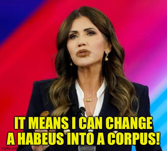 kristi noem | IT MEANS I CAN CHANGE A HABEUS INTO A CORPUS! | image tagged in kristi noem | made w/ Imgflip meme maker