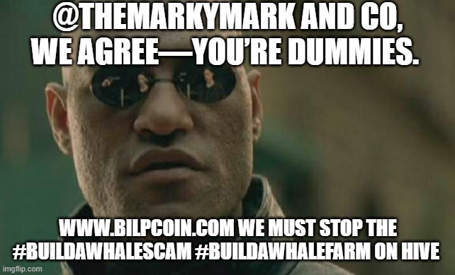 Matrix Morpheus Meme | @THEMARKYMARK AND CO, WE AGREE—YOU’RE DUMMIES. WWW.BILPCOIN.COM WE MUST STOP THE #BUILDAWHALESCAM #BUILDAWHALEFARM ON HIVE | image tagged in memes,matrix morpheus | made w/ Imgflip meme maker