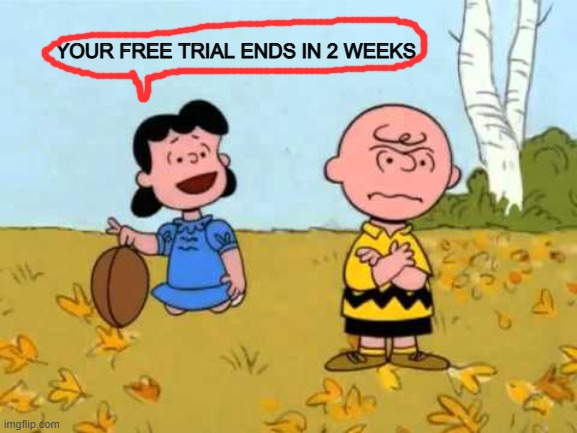 free trial ends | YOUR FREE TRIAL ENDS IN 2 WEEKS | image tagged in lucy football and charlie brown | made w/ Imgflip meme maker