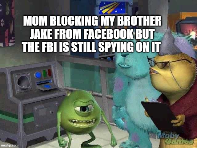 Invest in privacy | MOM BLOCKING MY BROTHER JAKE FROM FACEBOOK BUT THE FBI IS STILL SPYING ON IT | image tagged in mike wazowski trying to explain | made w/ Imgflip meme maker