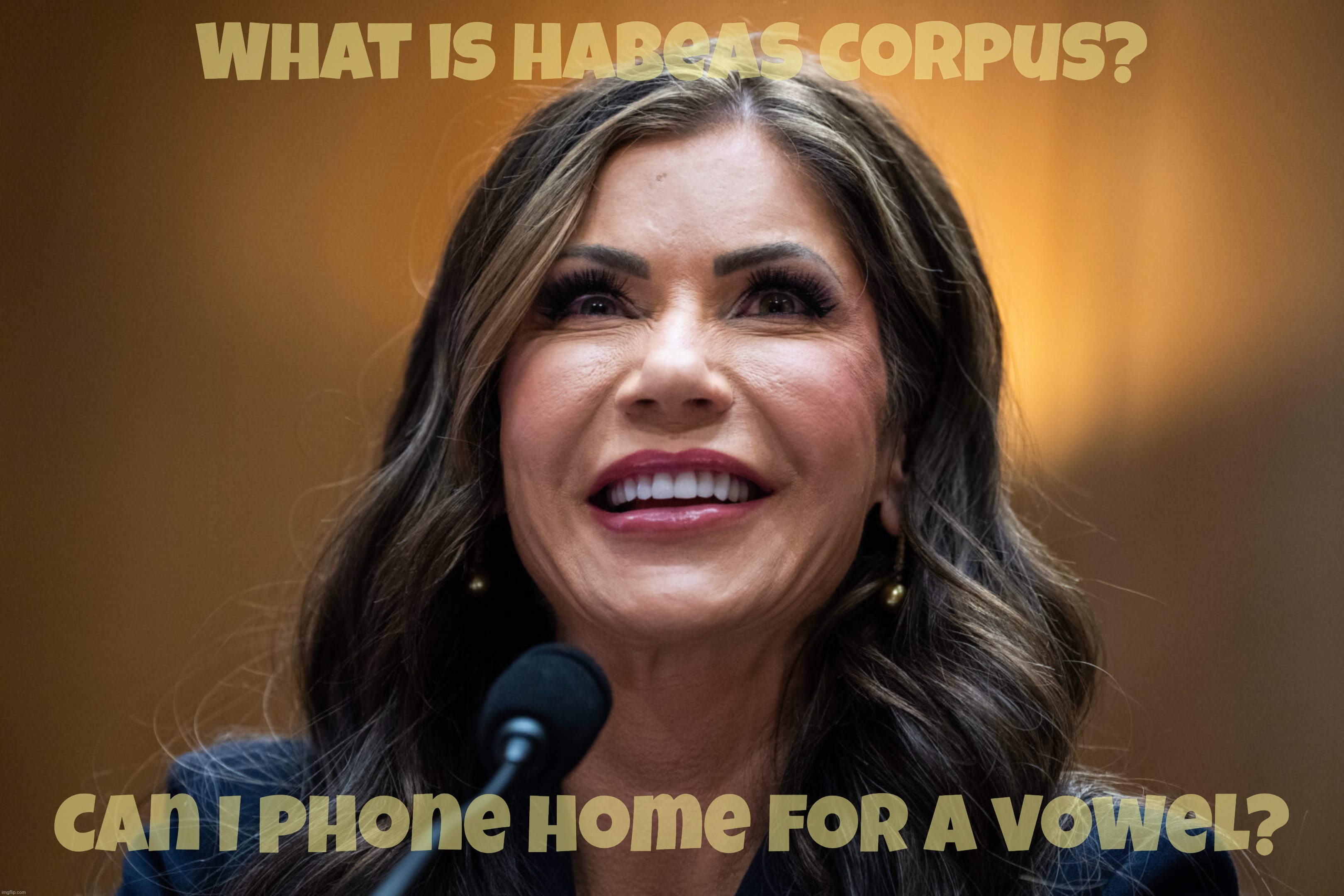 Kristi Noem phone home | What is habeas corpus? Can I phone home for a vowel? | image tagged in kristi noem,phone home,what is habeas corpus,what is my job,what is the biggest controversy in my job,dei hire | made w/ Imgflip meme maker