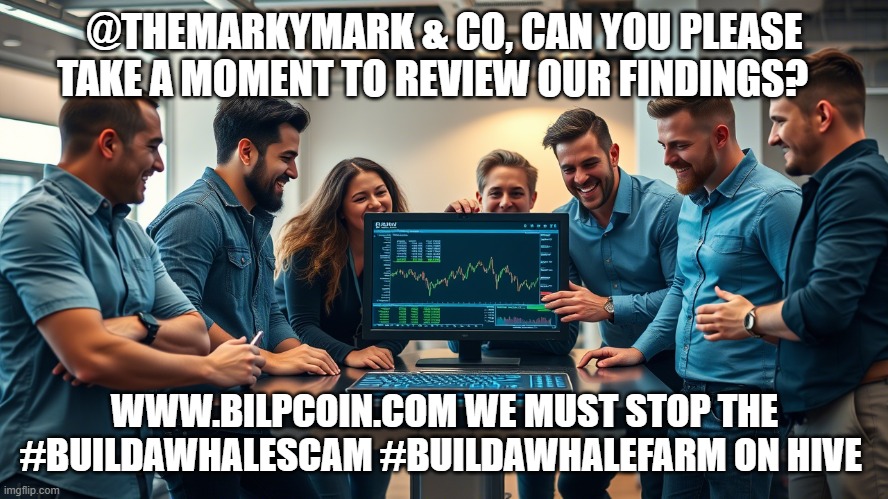 @THEMARKYMARK & CO, CAN YOU PLEASE TAKE A MOMENT TO REVIEW OUR FINDINGS? WWW.BILPCOIN.COM WE MUST STOP THE #BUILDAWHALESCAM #BUILDAWHALEFARM ON HIVE | made w/ Imgflip meme maker