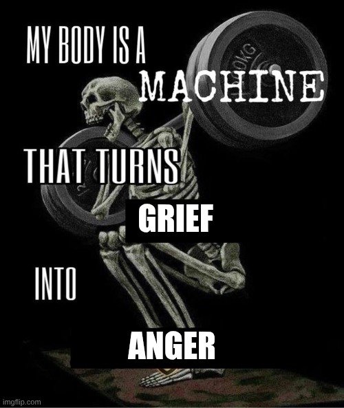 meme I thought of during English class (from long way down book) | GRIEF; ANGER | image tagged in i am a machine that turns | made w/ Imgflip meme maker