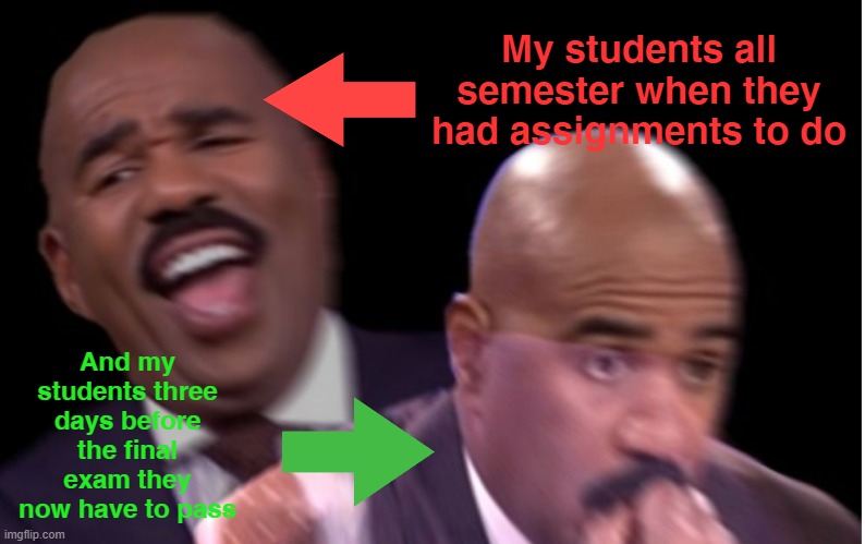 Final Exams | My students all semester when they had assignments to do; And my students three days before the final exam they now have to pass | image tagged in conflicted steve harvey,finals,exams,high school | made w/ Imgflip meme maker