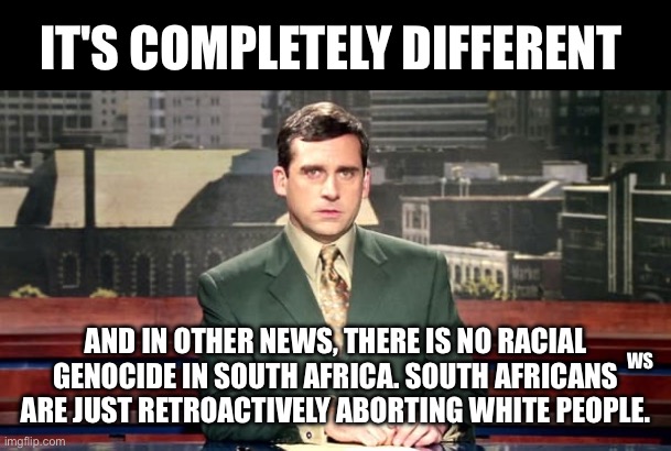 In Other News | IT'S COMPLETELY DIFFERENT; AND IN OTHER NEWS, THERE IS NO RACIAL GENOCIDE IN SOUTH AFRICA. SOUTH AFRICANS ARE JUST RETROACTIVELY ABORTING WHITE PEOPLE. WS | image tagged in in other news | made w/ Imgflip meme maker