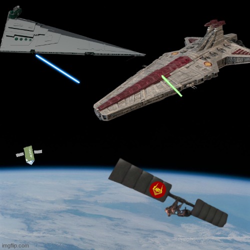 Mojo Jojo's forces begin battle against the Republic Fleet | image tagged in astronaut,republic,vs,mojo jojo | made w/ Imgflip meme maker
