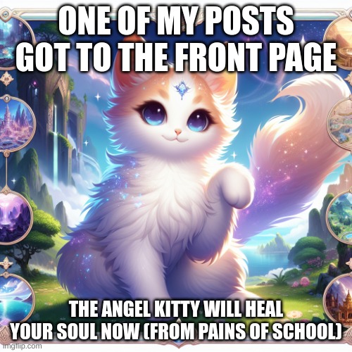 cute cat in genshin impact is the title of this template | ONE OF MY POSTS GOT TO THE FRONT PAGE; THE ANGEL KITTY WILL HEAL YOUR SOUL NOW (FROM PAINS OF SCHOOL) | image tagged in cute cat in genshin impact,school | made w/ Imgflip meme maker