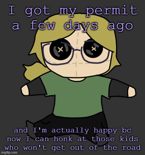 Disco Plushie | I got my permit a few days ago; and I'm actually happy bc now I can honk at those kids who won't get out of the road | image tagged in disco plushie | made w/ Imgflip meme maker