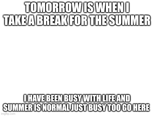 Break for the summer | TOMORROW IS WHEN I TAKE A BREAK FOR THE SUMMER; I HAVE BEEN BUSY WITH LIFE AND SUMMER IS NORMAL JUST BUSY TOO GO HERE | image tagged in break | made w/ Imgflip meme maker