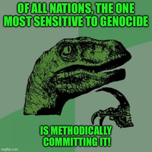 Philosoraptor | OF ALL NATIONS, THE ONE MOST SENSITIVE TO GENOCIDE; IS METHODICALLY  COMMITTING IT! | image tagged in memes,philosoraptor | made w/ Imgflip meme maker