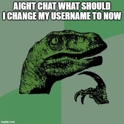 Philosoraptor | AIGHT CHAT WHAT SHOULD I CHANGE MY USERNAME TO NOW | image tagged in memes,philosoraptor | made w/ Imgflip meme maker