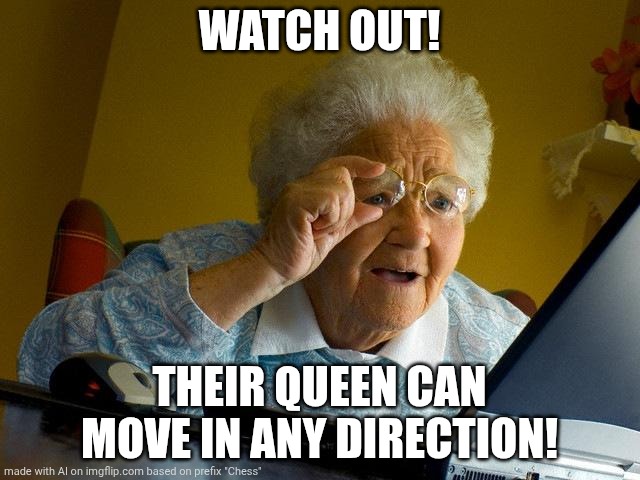 Grandma Finds The Internet Meme | WATCH OUT! THEIR QUEEN CAN MOVE IN ANY DIRECTION! | image tagged in memes,grandma finds the internet | made w/ Imgflip meme maker