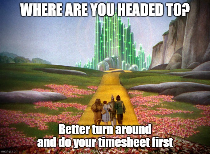 Yellow Brick Road Timesheet Reminder | WHERE ARE YOU HEADED TO? Better turn around and do your timesheet first | image tagged in yellow brick road,oz,timesheet,wizard,reminder | made w/ Imgflip meme maker
