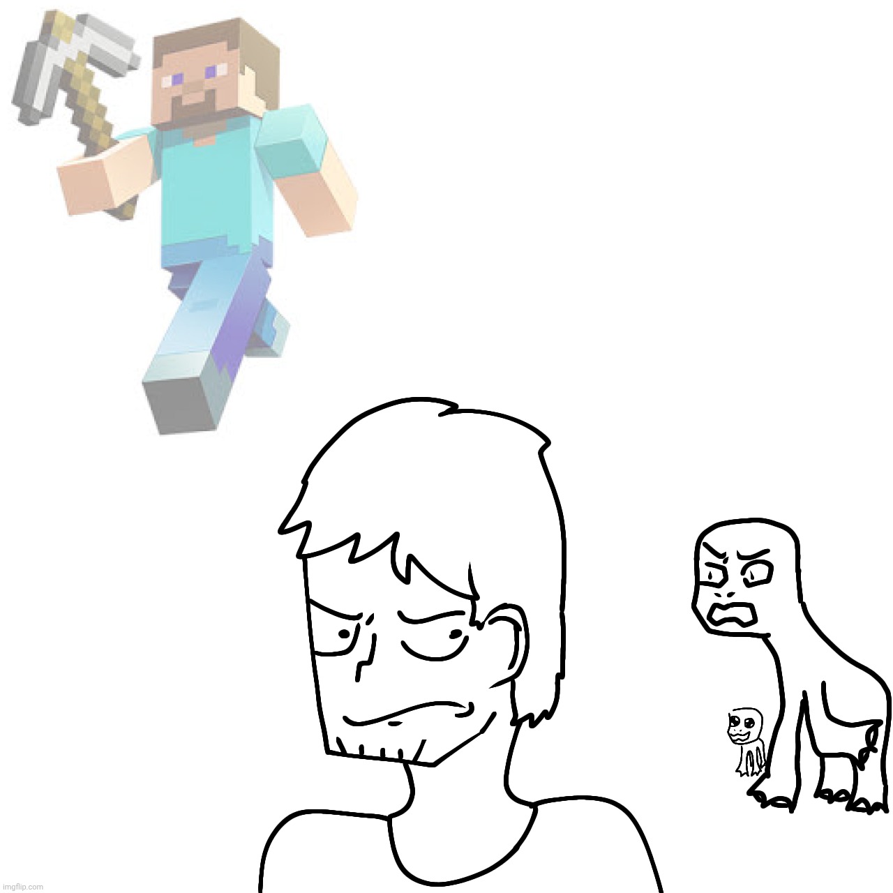 Artistic rendition of Steve accidentally stumbling upon a very specific explosive reptile, aw man | made w/ Imgflip meme maker