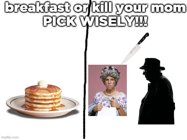 breakfast or kill your mom
PICK WISELY!!! | made w/ Imgflip meme maker