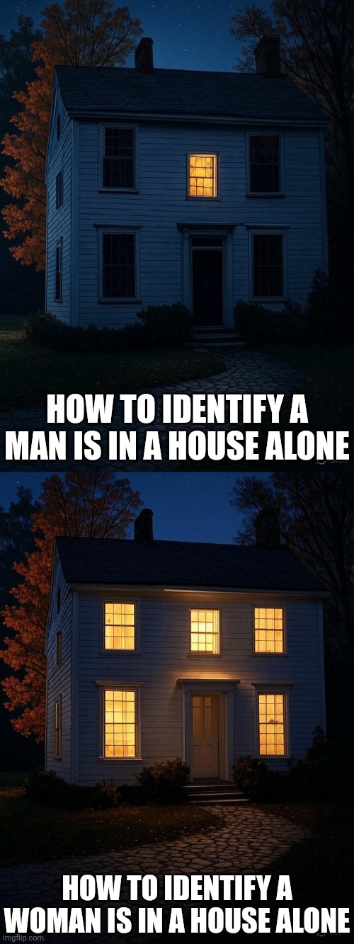 The difference between men and women... graphically illustrated | HOW TO IDENTIFY A MAN IS IN A HOUSE ALONE; HOW TO IDENTIFY A WOMAN IS IN A HOUSE ALONE | image tagged in men vs women,the truth,know the difference,darkness,well this is awkward,scared | made w/ Imgflip meme maker