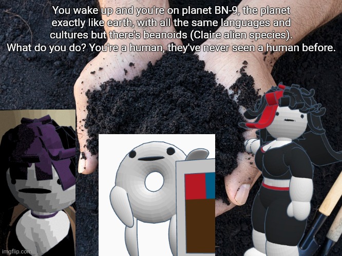 LOAM | You wake up and you're on planet BN-9, the planet exactly like earth, with all the same languages and cultures but there's beanoids (Claire alien species). What do you do? You're a human, they've never seen a human before. | image tagged in loam | made w/ Imgflip meme maker