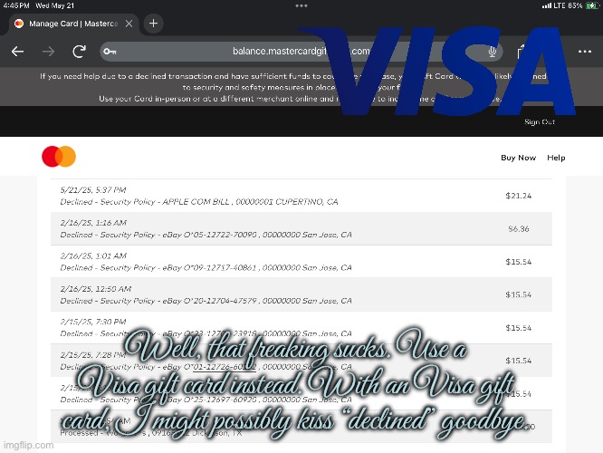 End the Security Policy Cruelty with Visa | Well, that freaking sucks. Use a Visa gift card instead. With an Visa gift card, I might possibly kiss “declined” goodbye. | image tagged in christmas,online,video games,ipad,angry,revenge | made w/ Imgflip meme maker