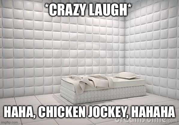 *CRAZY LAUGH* HAHA, CHICKEN JOCKEY, HAHAHA | image tagged in insane asylum pillow room | made w/ Imgflip meme maker