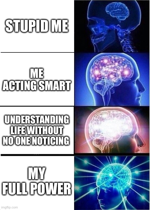 Understanding life | STUPID ME; ME ACTING SMART; UNDERSTANDING LIFE WITHOUT NO ONE NOTICING; MY FULL POWER | image tagged in memes,expanding brain | made w/ Imgflip meme maker
