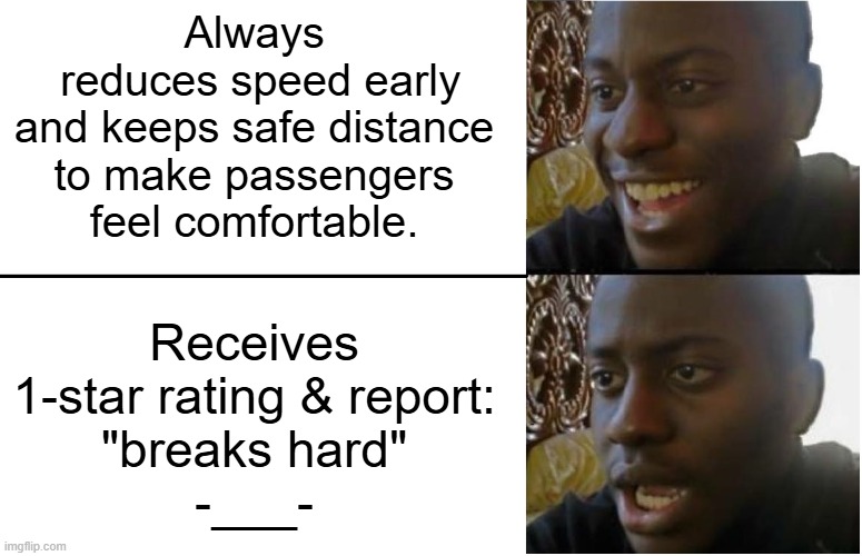 BRUH they be lying to get a refund on the ride | Always
 reduces speed early
and keeps safe distance
to make passengers
feel comfortable. Receives
1-star rating & report:
"breaks hard"
-___- | image tagged in disappointed black guy,uber,youtuber,it's a conspiracy | made w/ Imgflip meme maker