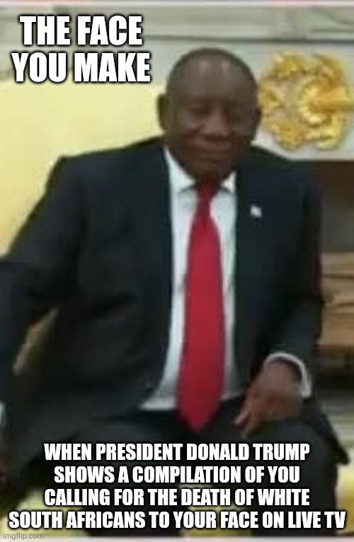 South African President gets schooled to his face after claiming he doesn't advocate death to white citizens. | THE FACE YOU MAKE; WHEN PRESIDENT DONALD TRUMP SHOWS A COMPILATION OF YOU CALLING FOR THE DEATH OF WHITE SOUTH AFRICANS TO YOUR FACE ON LIVE TV | image tagged in south africa,donald trump,maga | made w/ Imgflip meme maker