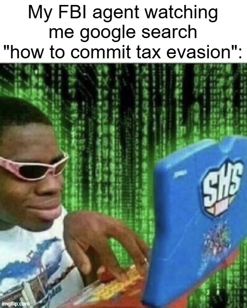 I love tax evasion | My FBI agent watching me google search "how to commit tax evasion": | image tagged in ryan beckford,google search,taxes | made w/ Imgflip meme maker