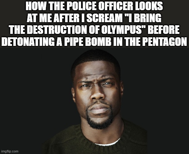 Zeus your son has returned | HOW THE POLICE OFFICER LOOKS AT ME AFTER I SCREAM "I BRING THE DESTRUCTION OF OLYMPUS" BEFORE DETONATING A PIPE BOMB IN THE PENTAGON | image tagged in god of war | made w/ Imgflip meme maker