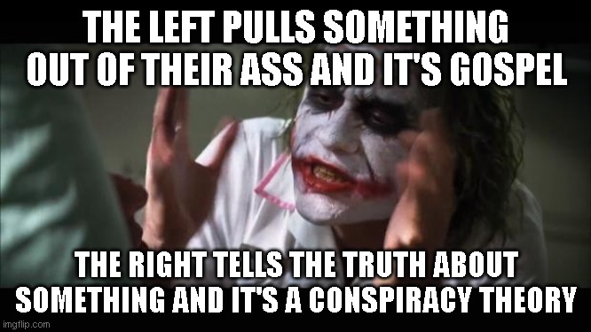 There is a white genocide underway, and there are chemicals turning people and animals gay (rhyme not intended). | THE LEFT PULLS SOMETHING OUT OF THEIR ASS AND IT'S GOSPEL; THE RIGHT TELLS THE TRUTH ABOUT SOMETHING AND IT'S A CONSPIRACY THEORY | image tagged in memes,and everybody loses their minds | made w/ Imgflip meme maker
