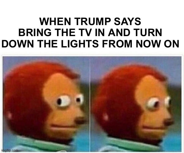 When Trump invites you over to watch tv | WHEN TRUMP SAYS BRING THE TV IN AND TURN DOWN THE LIGHTS FROM NOW ON | image tagged in memes,monkey puppet | made w/ Imgflip meme maker