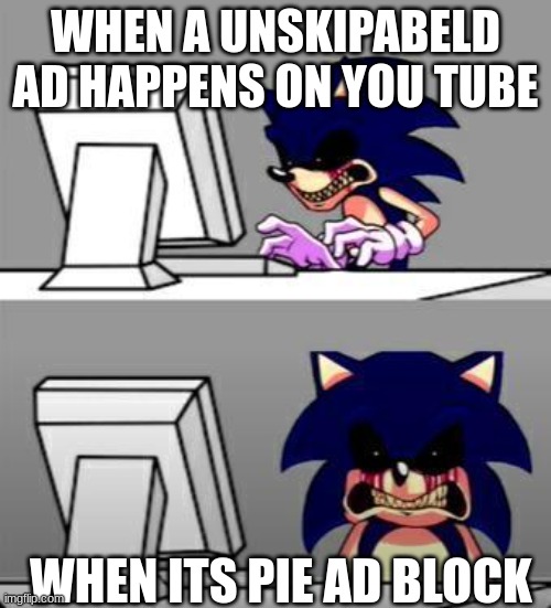 Sonic Exe Mad | WHEN A UNSKIPABELD AD HAPPENS ON YOU TUBE; WHEN ITS PIE AD BLOCK | image tagged in sonic exe mad | made w/ Imgflip meme maker