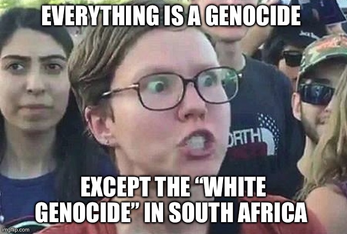 Genocide | EVERYTHING IS A GENOCIDE; EXCEPT THE “WHITE GENOCIDE” IN SOUTH AFRICA | image tagged in triggered liberal,south africa,donald trump,politics,political meme | made w/ Imgflip meme maker
