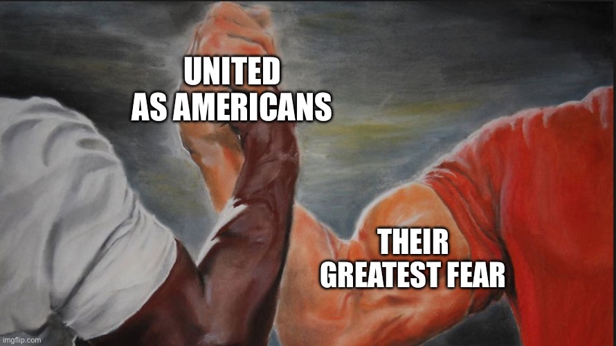 Black White Arms | UNITED AS AMERICANS THEIR GREATEST FEAR | image tagged in black white arms | made w/ Imgflip meme maker