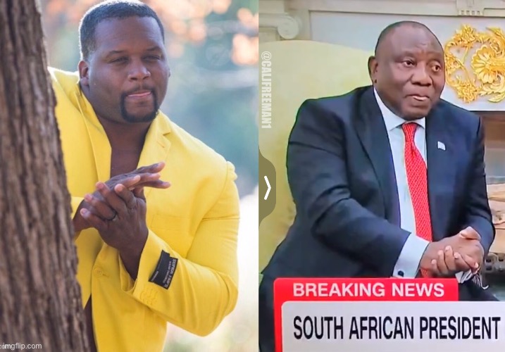 He literally, did the meme… | @CALJFREEMAN1 | image tagged in black guy hiding behind tree,maga,africa,south africa,donald trump,president trump | made w/ Imgflip meme maker