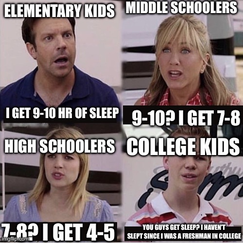 sleep (yes, i’m a kid but i get like 4hr of sleep) | MIDDLE SCHOOLERS; ELEMENTARY KIDS; I GET 9-10 HR OF SLEEP; 9-10? I GET 7-8; HIGH SCHOOLERS; COLLEGE KIDS; 7-8? I GET 4-5; YOU GUYS GET SLEEP? I HAVEN’T SLEPT SINCE I WAS A FRESHMAN IN COLLEGE | image tagged in you guys are getting paid template,sleep | made w/ Imgflip meme maker