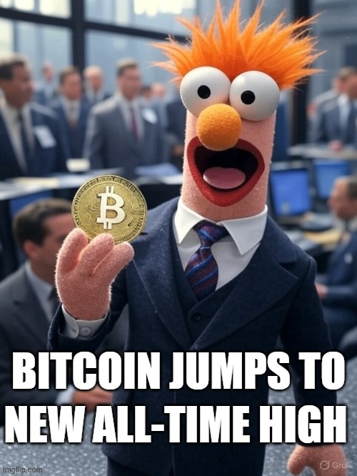 ANDIKA BULLETIN | NEW ALL-TIME HIGH; BITCOIN JUMPS TO | image tagged in bticoin,beaker | made w/ Imgflip meme maker