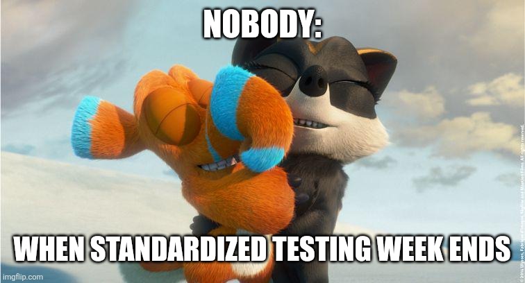 No More Standardized testing | NOBODY:; WHEN STANDARDIZED TESTING WEEK ENDS | image tagged in leah and finny hugging,humor,memes,funny,funny memes,jpfan102504 | made w/ Imgflip meme maker