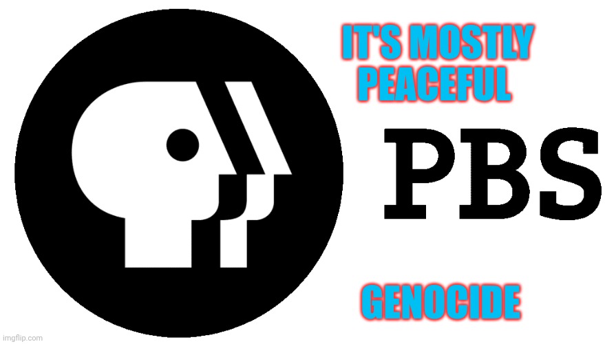 Public Brainwashing System; Or: Shit! I was brainwashed!!! | IT'S MOSTLY PEACEFUL; GENOCIDE | image tagged in pbs logo,humorous | made w/ Imgflip meme maker