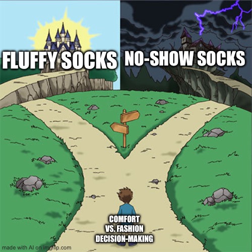 Two Paths | FLUFFY SOCKS; NO-SHOW SOCKS; COMFORT VS. FASHION DECISION-MAKING | image tagged in two paths | made w/ Imgflip meme maker