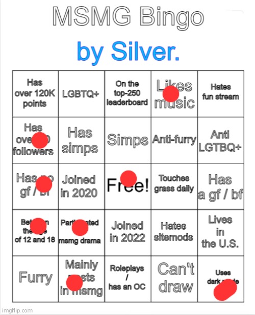 Silver.'s MSMG Bingo | image tagged in silver 's msmg bingo | made w/ Imgflip meme maker