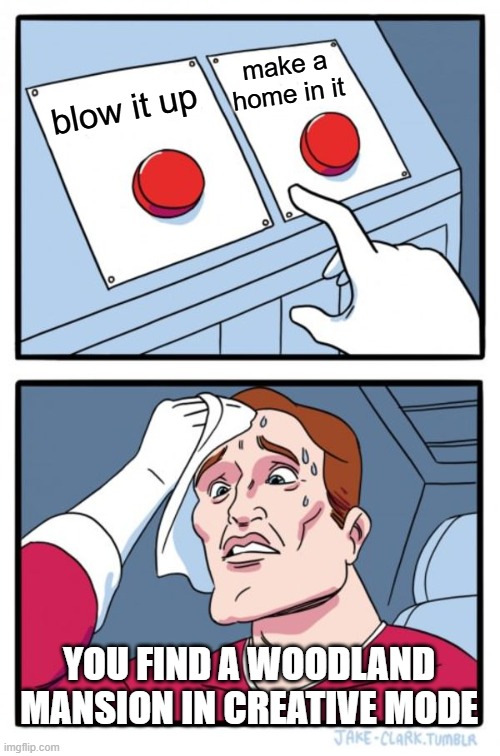 Two Buttons | make a home in it; blow it up; YOU FIND A WOODLAND MANSION IN CREATIVE MODE | image tagged in memes,two buttons | made w/ Imgflip meme maker