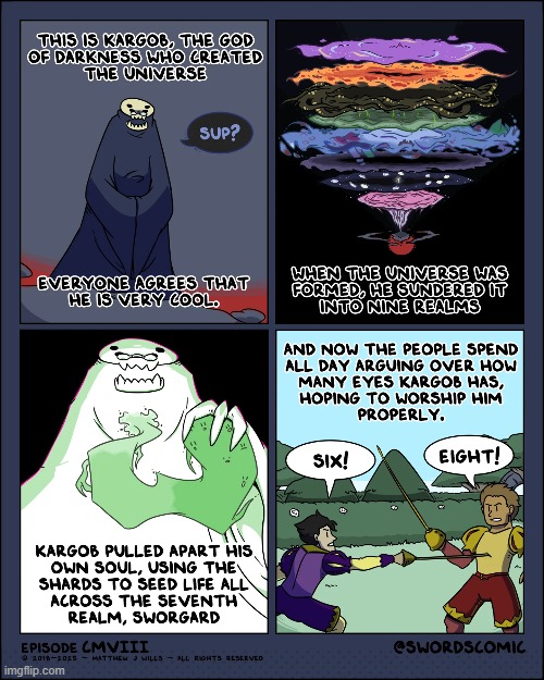 I bet it'd be awesome to be friends with Kargob! | image tagged in swords,god,darkness,eyes,six,eight | made w/ Imgflip meme maker