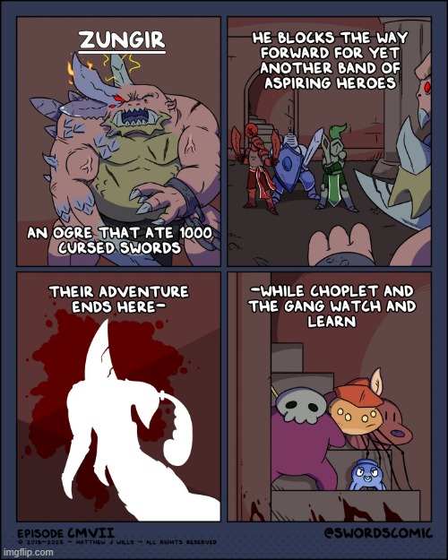 image tagged in ogre,swords,cursed,heroes,team,watching | made w/ Imgflip meme maker