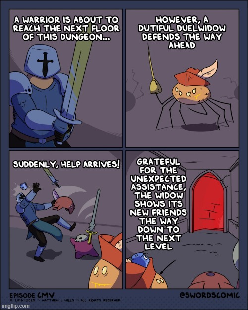 image tagged in swords,warrior,dungeon,spider,help,team | made w/ Imgflip meme maker