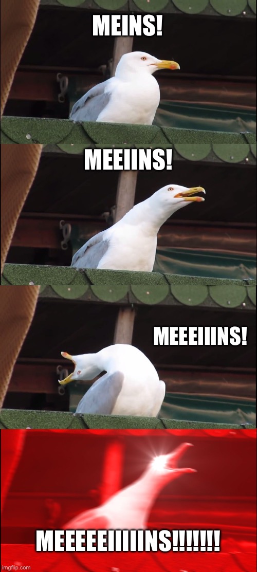 Meins | MEINS! MEEIINS! MEEEIIINS! MEEEEEIIIIINS!!!!!!! | image tagged in memes,inhaling seagull | made w/ Imgflip meme maker